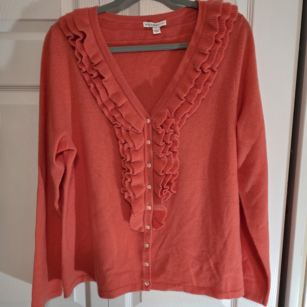 Isaac Mizrahi Cashmere Coral Ruffle V-Neck Cardigan